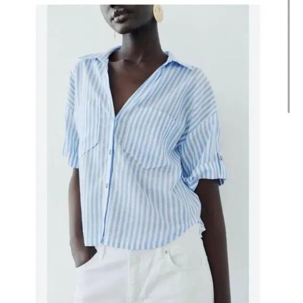 Zara Blue and White Striped Button-Down Shirt